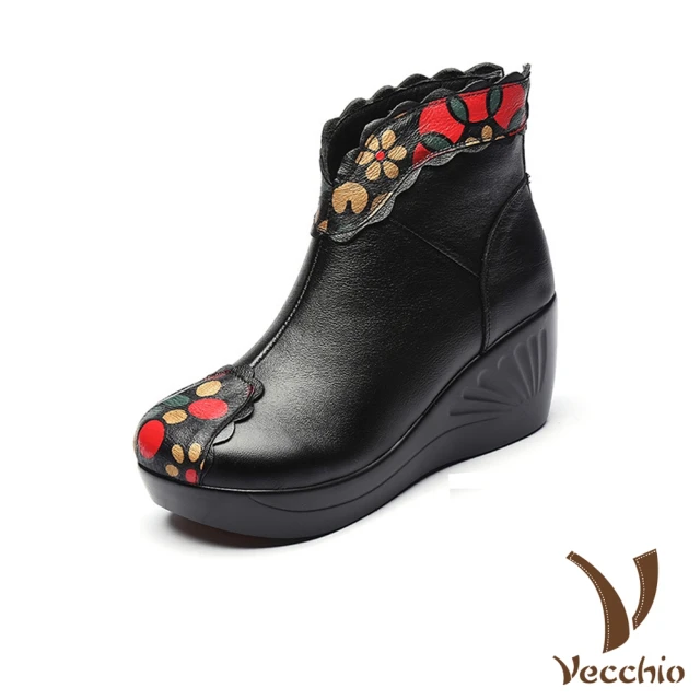 Vecchio 真皮短靴 坡跟短靴/真皮繽紛彩色圓點印花復古坡跟花邊靴口短靴(黑紅)