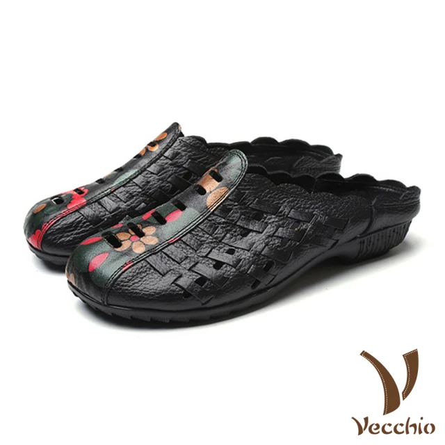 VecchioVecchio 真皮拖鞋 包頭拖鞋/真皮復古編織民族風印花拼接包頭拖鞋(黑)