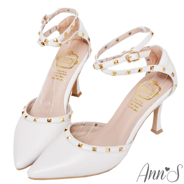 Ann’SAnn’S 高訂綿羊皮-性感繞踝 鉚釘細跟高跟尖頭鞋8.5cm(白)