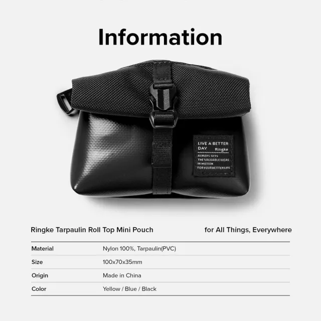 【Ringke】Mini Pouch Tarpaulin Roll Top 捲頂防水布收納袋 附登山扣 黑 藍 黃(Rearth 小物 尼龍 防水布)