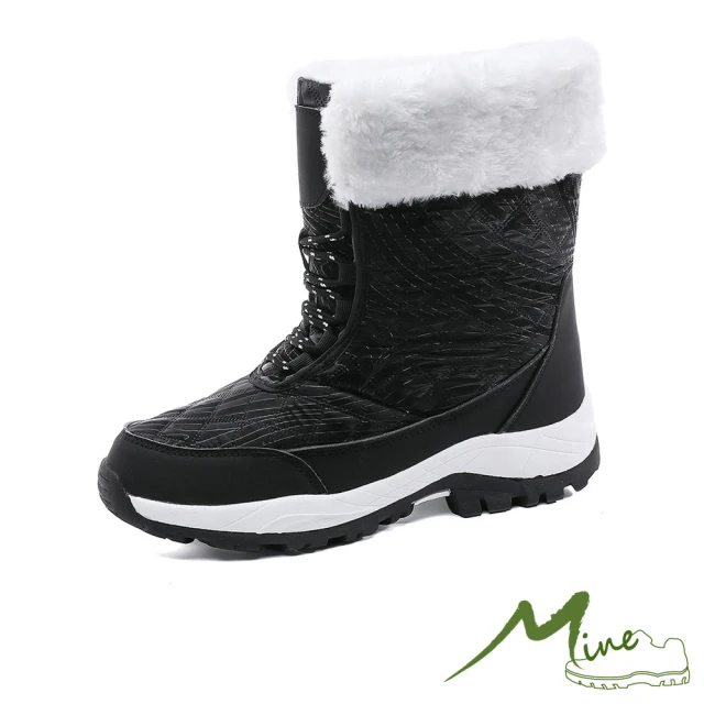 MINE 保暖雪靴/保暖機能毛絨翻領綁帶造型登山短靴 雪靴(黑)