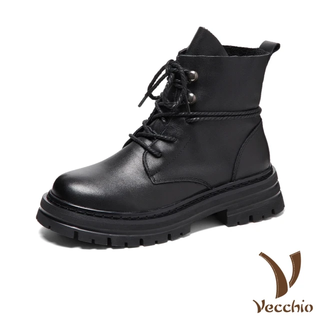 Vecchio 真皮馬丁靴 厚底馬丁靴/真皮頭層牛皮輕量厚底繫帶造型時尚馬丁靴(黑)