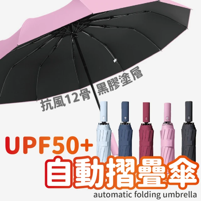 【沐日居家】黑膠晴雨傘 抗UV摺疊傘 自動摺疊傘(12股 三折傘 陽傘 折疊傘 口袋傘)