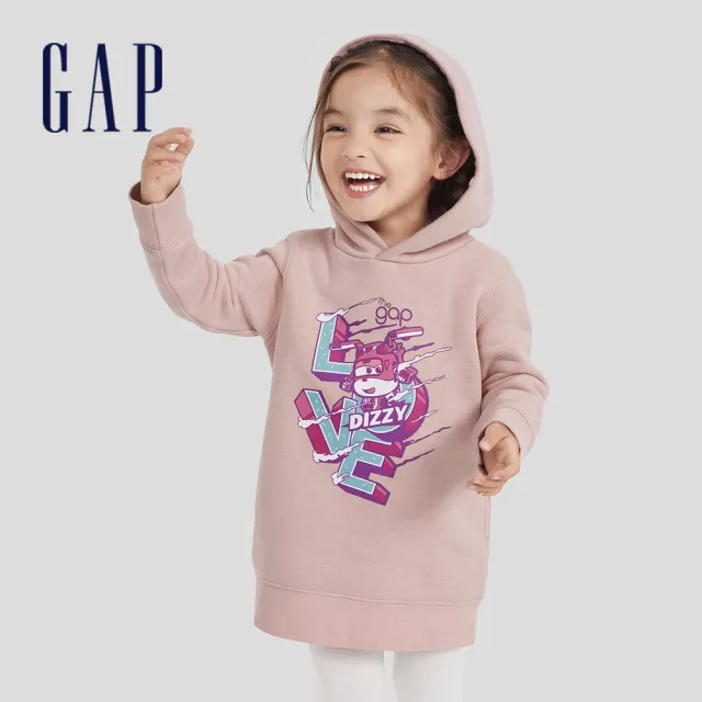 【GAP】女幼童裝 Gap x Super Wings聯名 Logo印花連帽長袖洋裝-粉色(771414)
