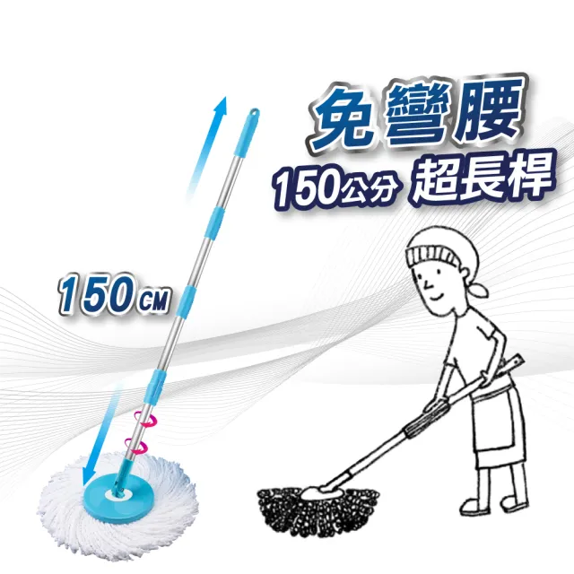【U-mop】2桿1桶4布1葵 手壓旋轉拖把 150cm不鏽鋼免洗手超長桿(適用好神拖)