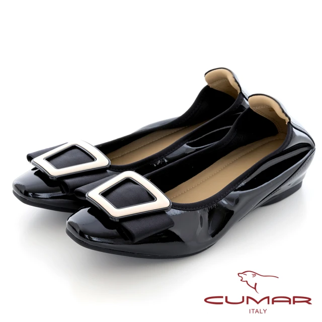 CUMAR 軟漆皮配色飾釦內增高平底鞋(黑色)