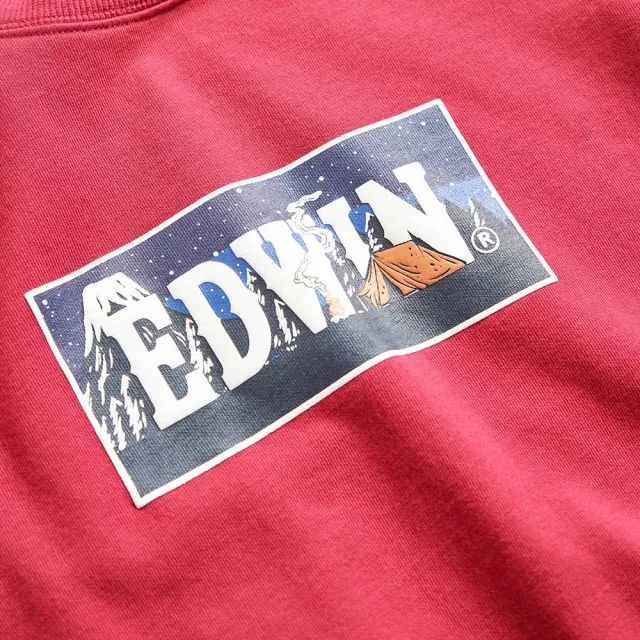 【EDWIN】女裝 露營系列 富士山營地BOX LOGO厚長袖T恤(暗紅色)