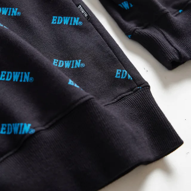 【EDWIN】男裝 EDGE 滿版印花 LOGO厚長袖T恤(黑色)