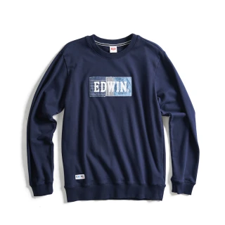 【EDWIN】男裝 再生系列 CORE 環保丹寧拼貼BOX LOGO厚長袖T恤(丈青色)