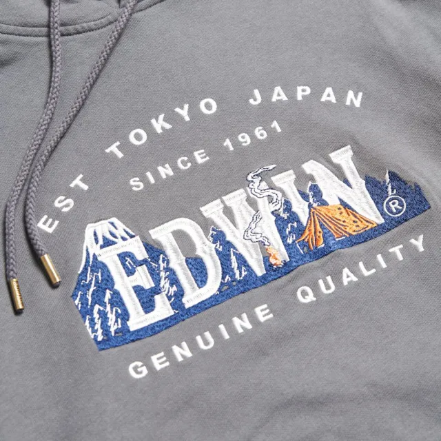 【EDWIN】男裝 露營系列 富士山刺繡LOGO連帽長袖T恤(灰褐色)