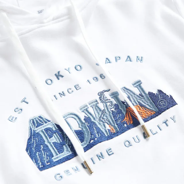 【EDWIN】男裝 露營系列 富士山刺繡LOGO連帽長袖T恤(米白色)