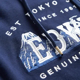 【EDWIN】男裝 露營系列 富士山刺繡LOGO連帽長袖T恤(丈青色)