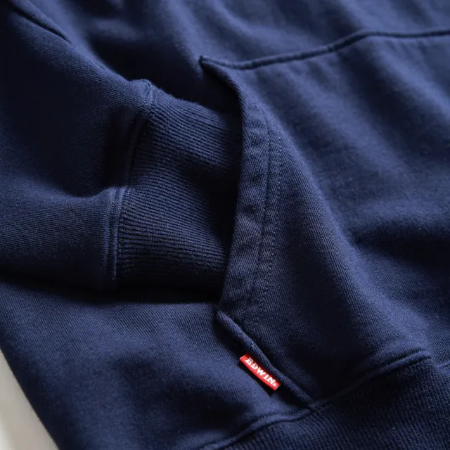 【EDWIN】男裝 露營系列 富士山刺繡LOGO連帽長袖T恤(丈青色)