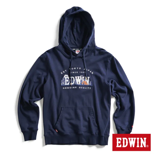【EDWIN】男裝 露營系列 富士山刺繡LOGO連帽長袖T恤(丈青色)