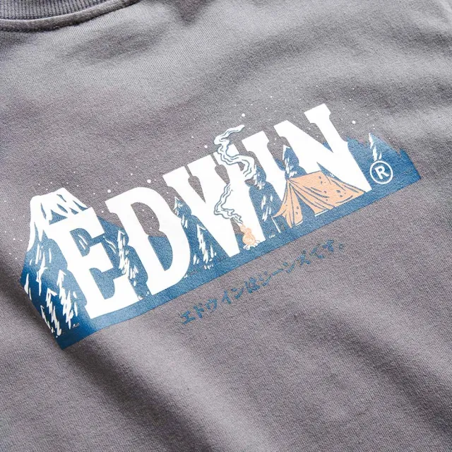 【EDWIN】男裝 露營系列 背後富士營地LOGO印花長袖T恤(灰褐色)