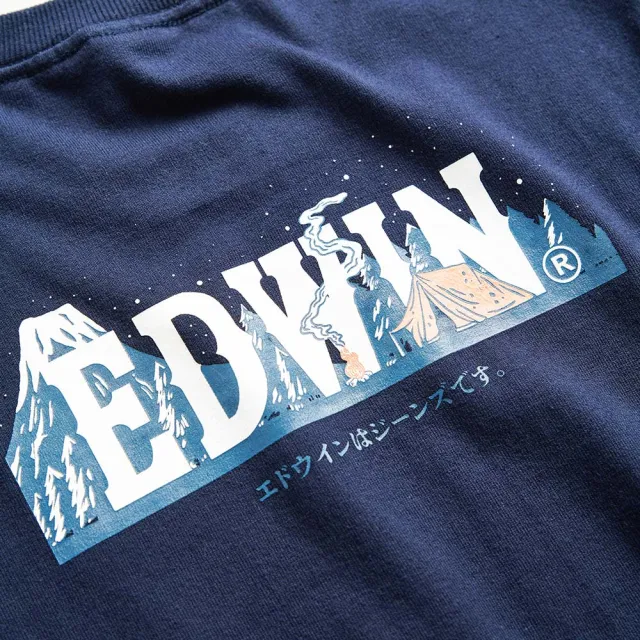 【EDWIN】男裝 露營系列 背後富士營地LOGO印花長袖T恤(丈青色)