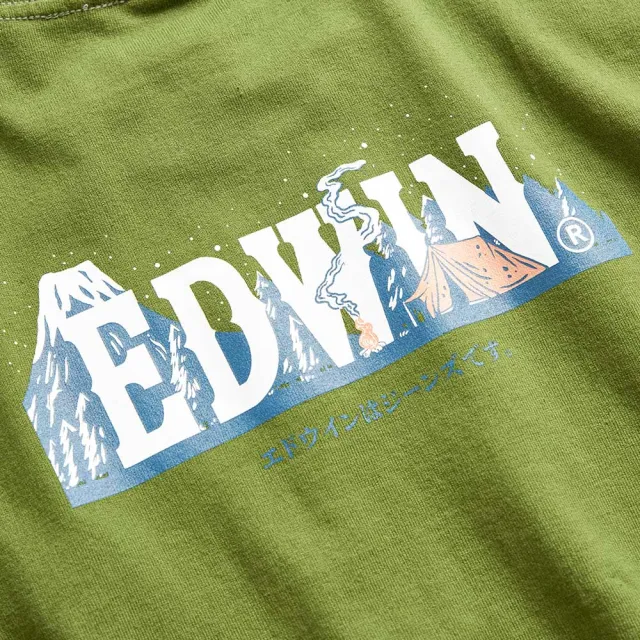 【EDWIN】男裝 露營系列 背後富士營地LOGO印花長袖T恤(橄欖綠)