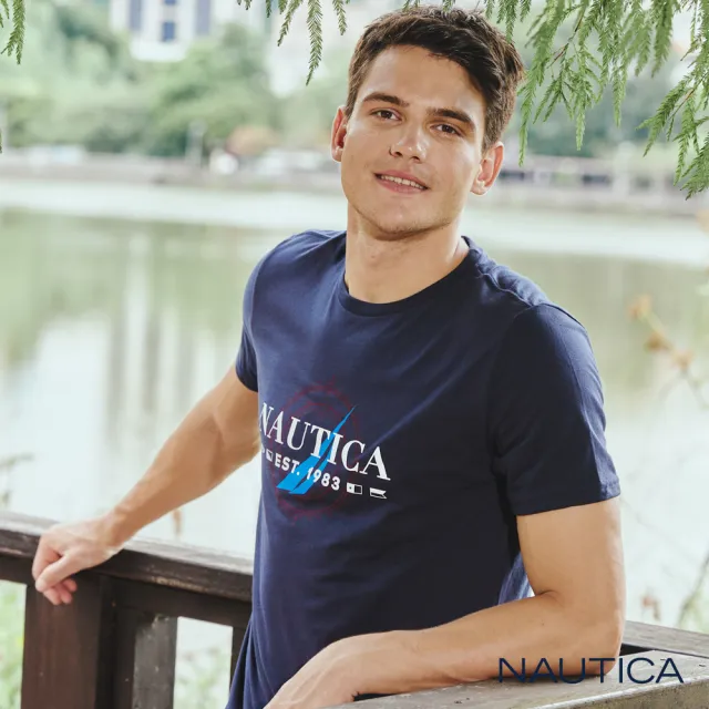 【NAUTICA】男裝 撞色LOGO圖騰短袖T恤(深藍)