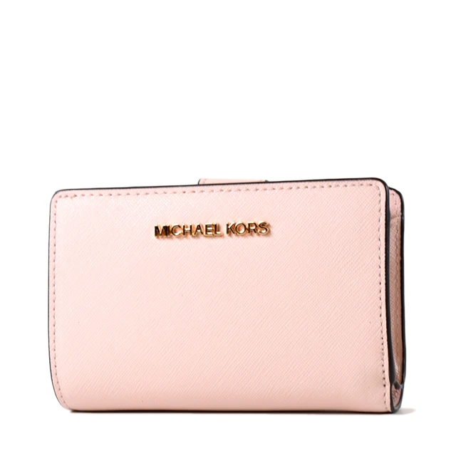 【Michael Kors】金字LOGO素面防刮皮革釦式中夾-粉色