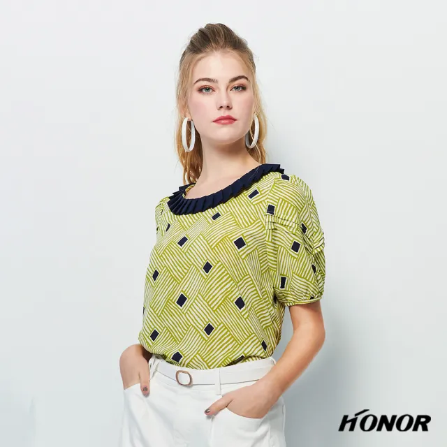 【HONOR 山形屋】出清品 百褶領交錯編織紋泡泡袖上衣(限定出清)
