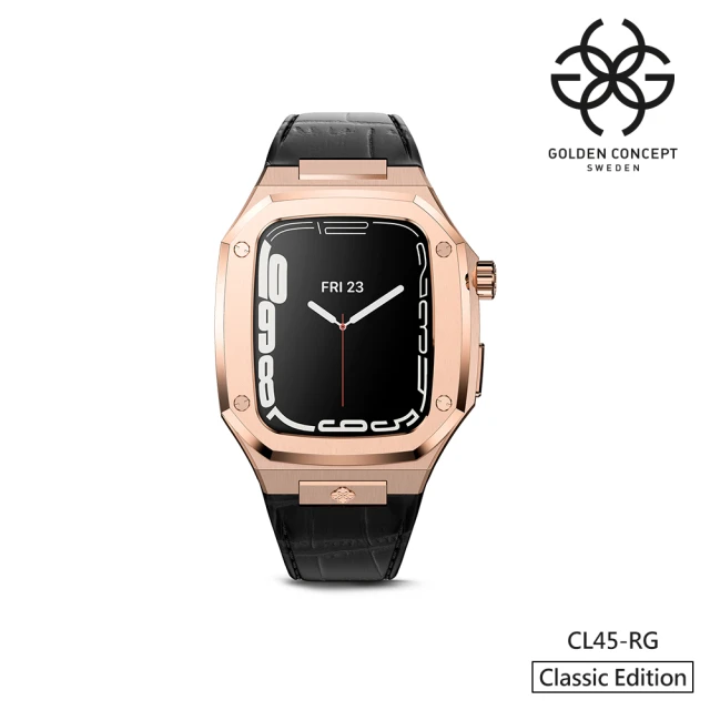 Golden Concept Apple Watch 45mm 保護殼 玫瑰金色錶殼/黑色皮革錶帶(CL45-RG)