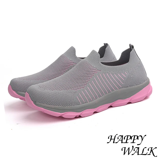 HAPPY WALK 透氣健步鞋/舒適透氣幾何花紋彈力飛織時尚休閒健步鞋(粉)