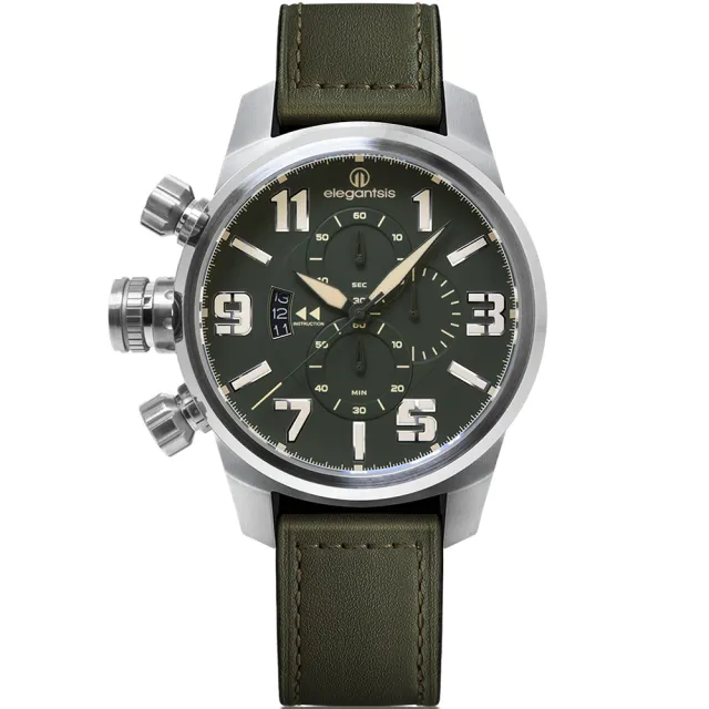 【elegantsis 愛樂時】陸海空三軍-陸軍綠 大錶徑三眼計時手錶-48mm(ELJF48QS-OG05LC)
