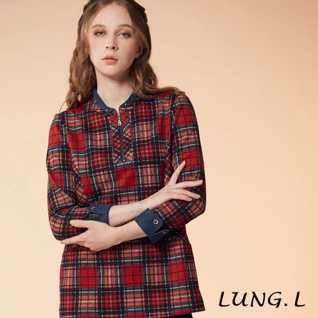 LUNG.L 林佳樺 LN10A 紅色格紋拼接牛仔長袖上衣(女裝)