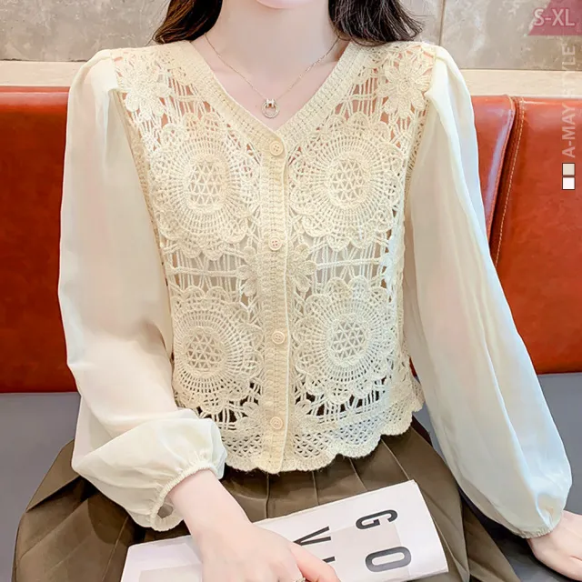 【Amay Style 艾美時尚】現貨 中大尺碼女裝 上衣 襯衫 復古勾花V領拼接雪紡衫。S-XL
