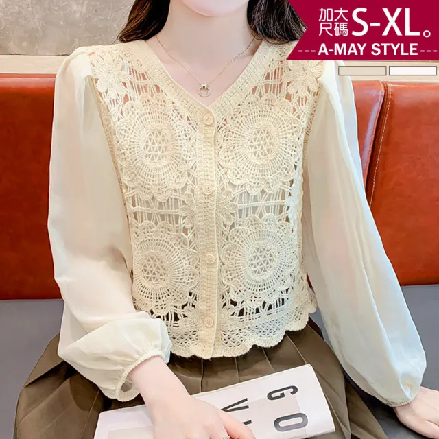 【Amay Style 艾美時尚】現貨 中大尺碼女裝 上衣 襯衫 復古勾花V領拼接雪紡衫。S-XL