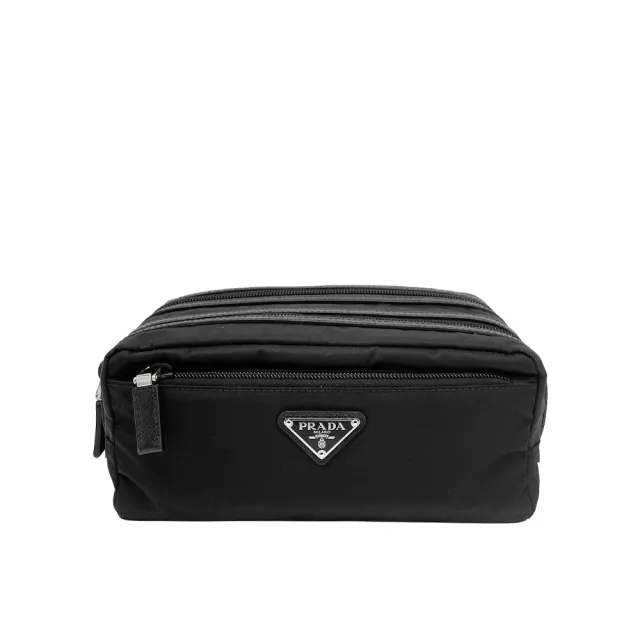 【PRADA 普拉達】品牌銀三角logo尼龍雙拉鍊盥洗包/化妝包(黑)