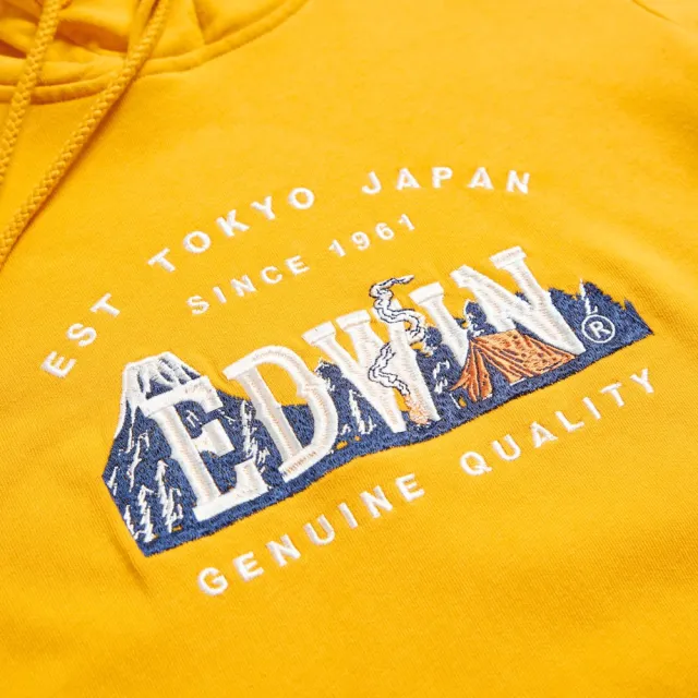 【EDWIN】女裝 露營系列 富士山刺繡LOGO連帽長袖T恤(桔黃色)