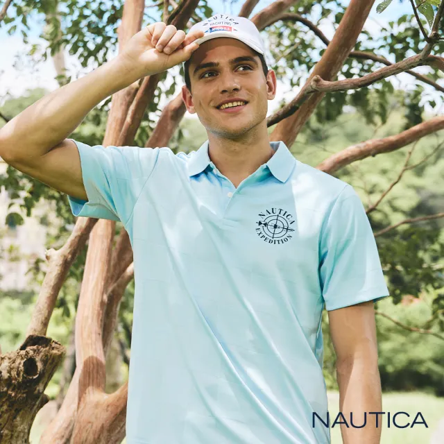 【NAUTICA】男裝 格紋抗皺短袖POLO衫(水藍)