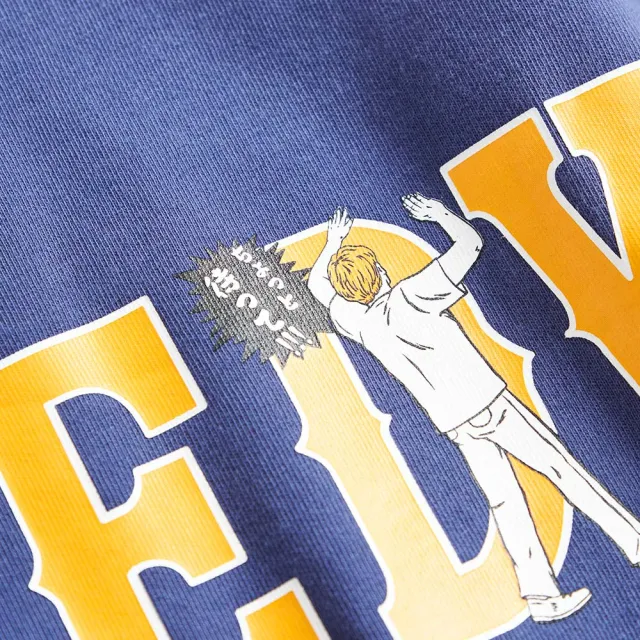 【EDWIN】男裝 橘標 摔角手E君飛撲印花LOGO寬版厚長袖T恤(灰藍色)