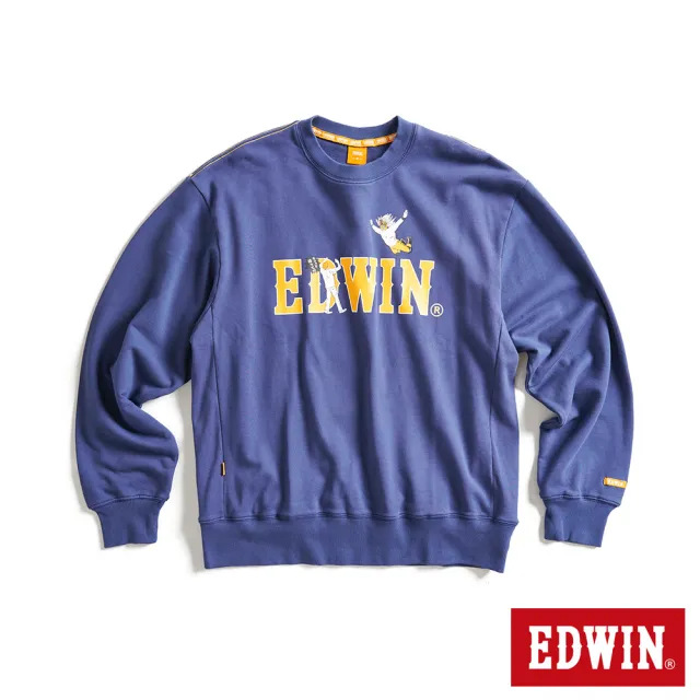 【EDWIN】男裝 橘標 摔角手E君飛撲印花LOGO寬版厚長袖T恤(灰藍色)