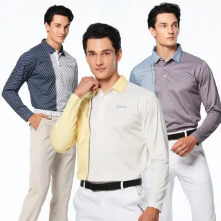 【Lynx Golf】男款吸溼排汗網眼布材質斜條配色布料山貓變色膠印長袖POLO衫(三色)