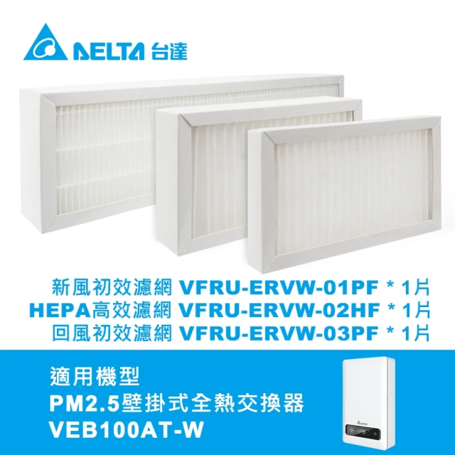 【台達電子】PM2.5壁掛式全熱交換器雙重高效濾網-初效+HEPA PM2.5濾網3件一組(VEB100AT-W機型適用)
