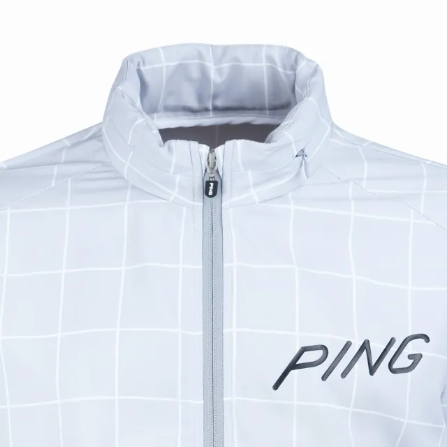 【PING】男款格紋防風防潑水透氣薄風衣外套-灰(附收納袋/GOLF/高爾夫/PC23116-83)