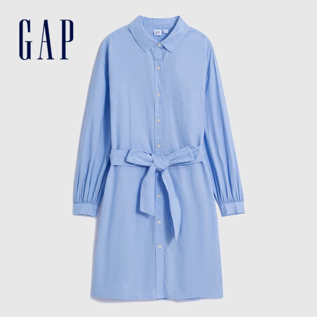 【GAP】女裝 純棉翻領長袖洋裝-藍色(734152)