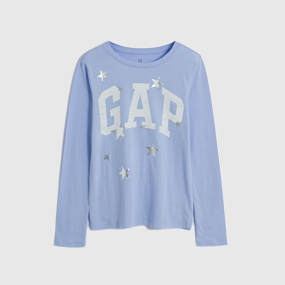 【GAP】女童裝 Logo/印花純棉圓領長袖T恤-藍色水晶(788250)