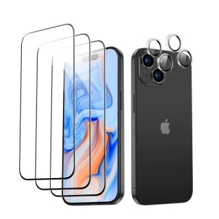 【ESR 億色】iPhone 15 Plus 滿版黑邊高清鋼化玻璃保護貼3片裝 贈貼膜神器1入+獨立鏡頭膜2組