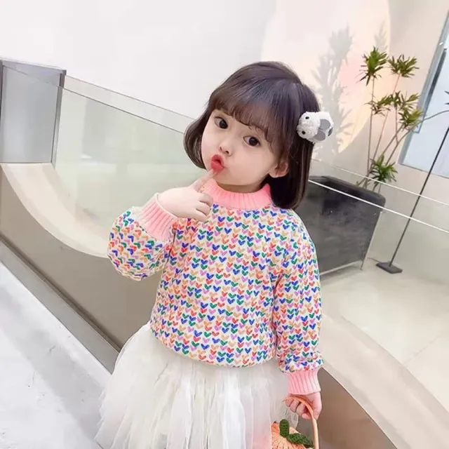 【安朵童舖】現貨韓版女童長袖針織愛心上衣圓點毛衣兒童紅色滿印愛心毛線上衣針織衫(017A)