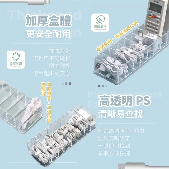 【JOHN HOUSE】數據線材透明收納盒 充電線置物盒 電線收納盒 集線盒(8格帶蓋加大款無附贈理線帶)