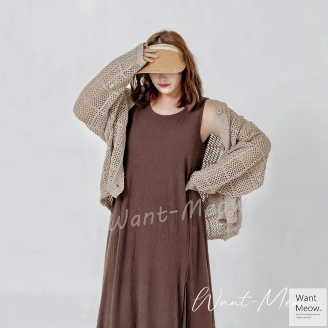 【Want-Meow】90公斤可穿/韓系針織鏤空外套大版寬鬆針織外套上衣罩衫(大碼/大尺碼/加大碼/針織外套)