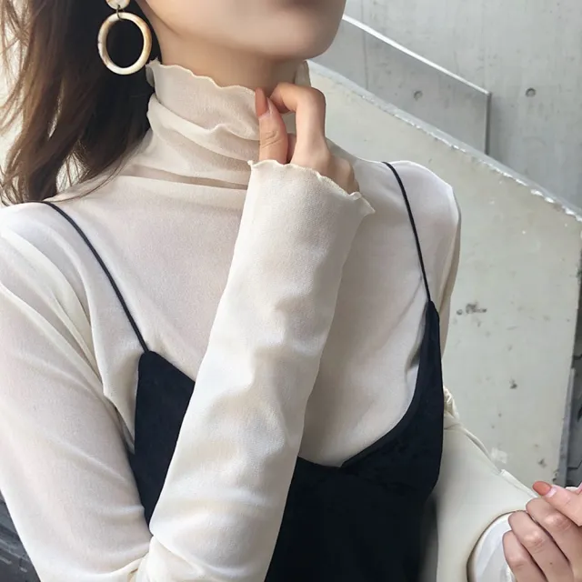 【D.studio】韓版高領內搭親膚薄款網紗長袖上衣(女裝 衣服 寬鬆上衣 顯瘦上衣 長袖t恤 W310)
