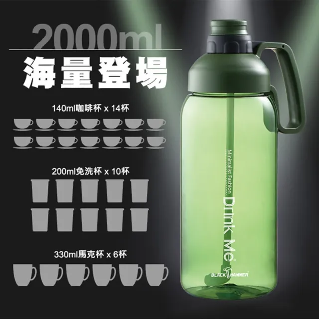 【BLACK HAMMER】買1送1 Tritan超大容量環保運動瓶2000ML(多色可選)