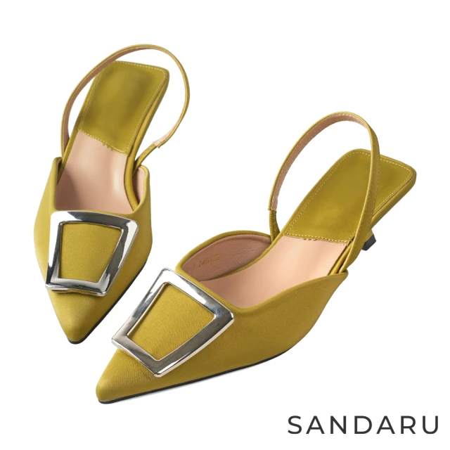 SANDARU 山打努 跟鞋 尖頭緞面大方釦中跟鞋(綠)折扣