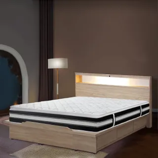 【IHouse】山田 LED燈光插座USB房間3件組 雙人5尺(床頭、收納抽屜+掀床床底+床墊)