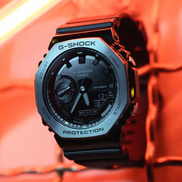 【CASIO 卡西歐】G-SHOCK 酷黑時尚 金屬八角防護構造雙顯錶 禮物 開學(GM-2100BB-1A/速)