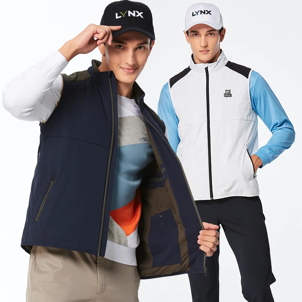 【Lynx Golf】男款保暖防風防潑水鋪棉夜光織帶造型壓線拉鍊口袋無袖背心(二色)